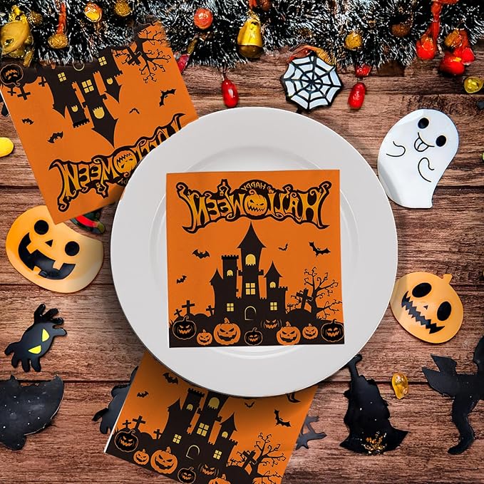 Halloween Napkins Disposable 100 Pcs Halloween Paper Napkins Decorative Haloween Bat Castle Cocktail Napkins Haloween Napkin Halloweens Dinner Napkin Guest Hand Towels for Halloweens Party Supplies
