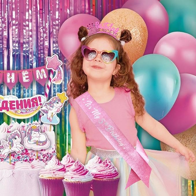VELSCRUN 2nd 3rd 4-9th Birthday Princess Headband Pink Tiara Crown for Girls It's My Birthday Sash Party Decorations Gifts