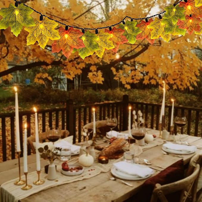 Fall Tricolor Autumn Maple Leaves Decoration Lights, 13.5FT Plug in Orange Yellow Green Maple Leaf String Lights with 35 LED Mini Bulbs for Thanksgiving Day Home Party Decor