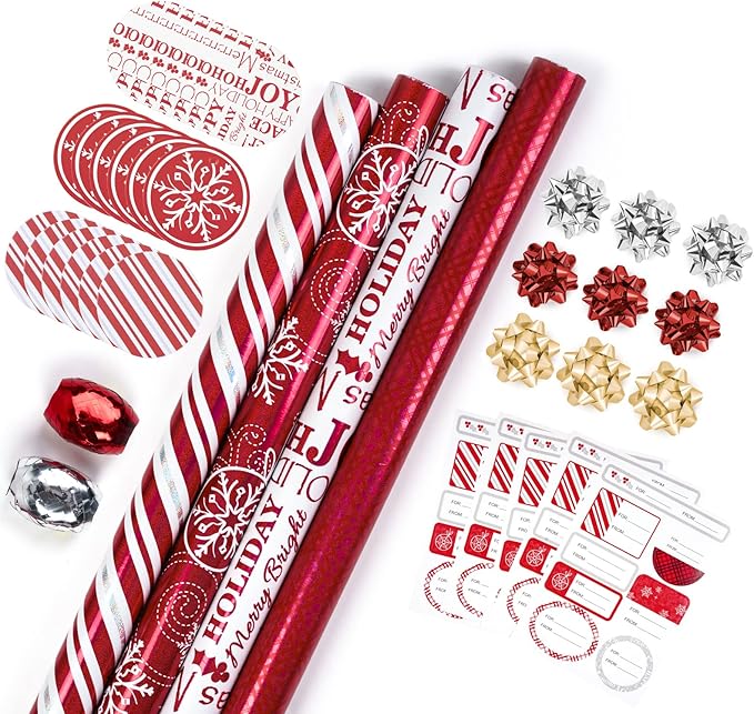 WRAPAHOLIC Christmas Wrapping Paper Set - Red and White Metallic Foil Shine Christmas Wrapping Paper Bundle with Gift Bow & Ribbon & Tag & Sticker