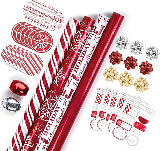 WRAPAHOLIC Christmas Wrapping Paper Set - Red and White Metallic Foil Shine Christmas Wrapping Paper Bundle with Gift Bow & Ribbon & Tag & Sticker