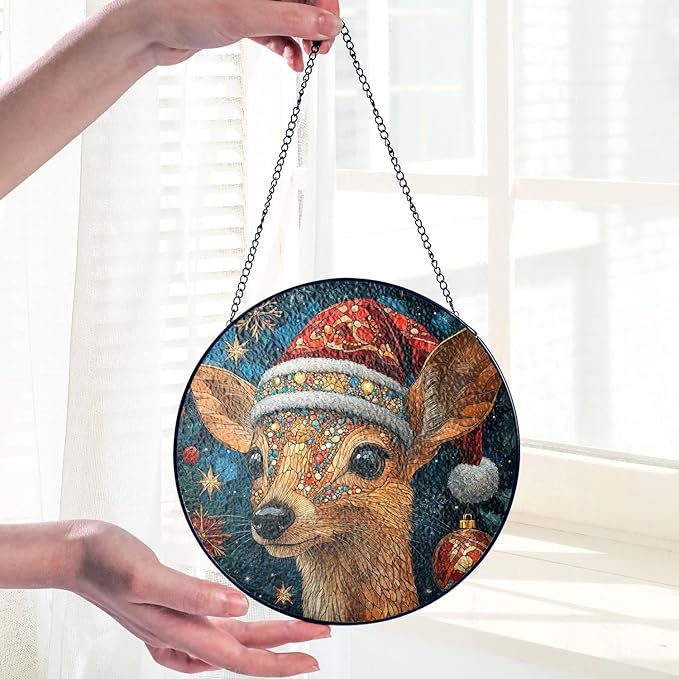 Deer Stained Glass Window Hanging - Deer Christmas Hanging Ornament - Deer Christmas Decor - Wall Decor for Indoor Outdoor - Xmas Gifts for Mom, Grandma