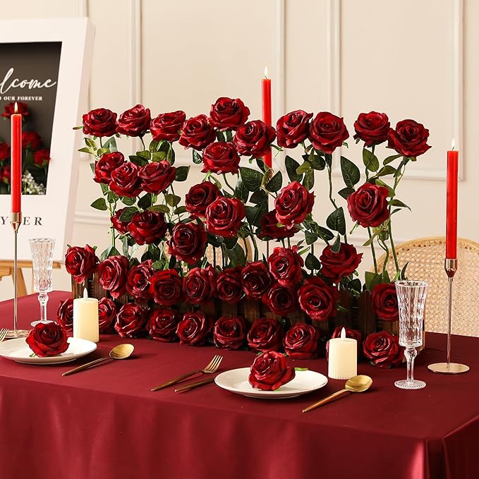 Tifuly 100 Pcs Red Roses Artificial Flowers Bulk, Realistic Long Stem Fake Silk Roses Bouquet for Wedding Centerpiece Table Vases Party Home Kitchen Decor（Burgundy）