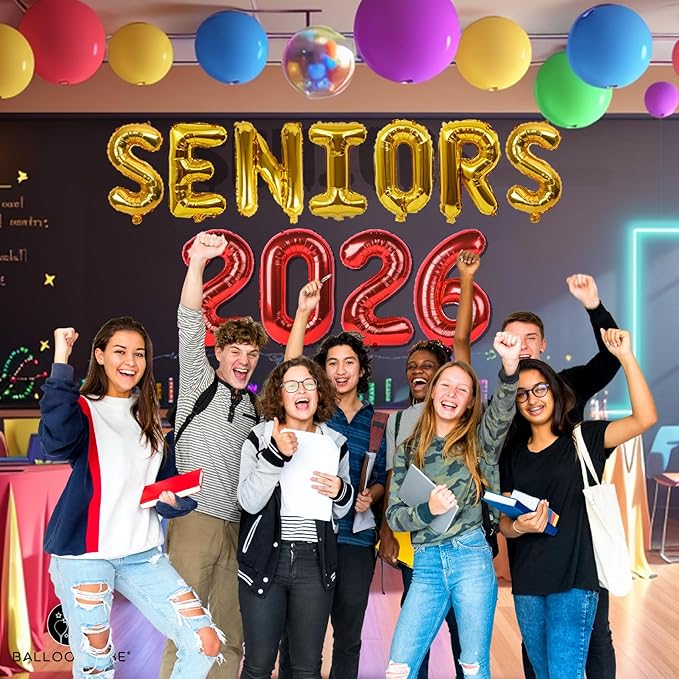 BALLOON VIBE Seniors 2026 Balloons - High School College Seniors Decorations Balloons - 2026 Banner for Graduation Party Decor Foil Letters with Ribbon, Straws & Adhesive Dots