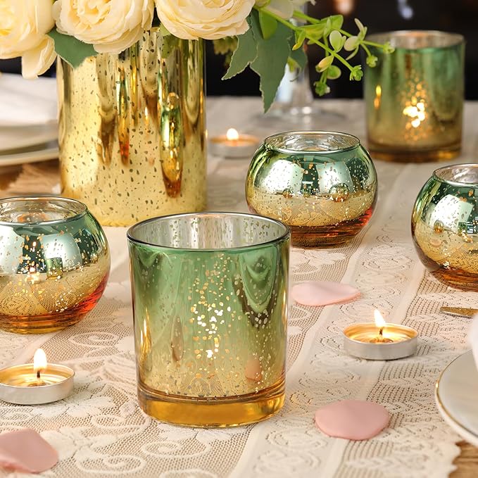 Volens 30pcs Assorted Green Votive Candle Holders Bulk, Large Mercury Glass Votive for Wedding Table Centerpieces, Green and Gold Themed Party Decorations and Home Decor