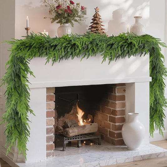 9FT Christmas Norfolk Pine Garland, Realistic Artificial Pine Garland, Real Touch Faux Greenery Garlands for Table, Mantle, Winter Holiday Christmas Decorations Indoor Outdoor(1Pcs)