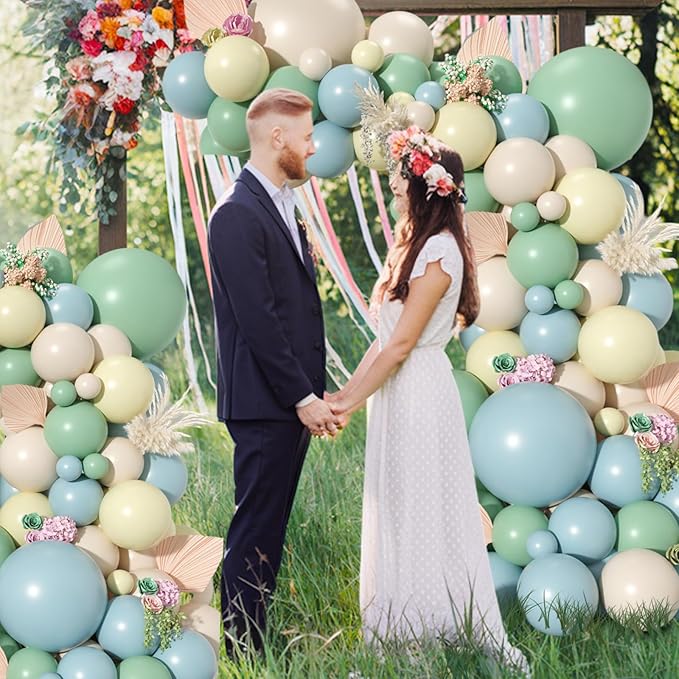 Blue and Yellow Balloon Garland, Pastel Yellow Dusty Blue White Sand Balloon Arch White Avocado Green Balloon for Kids Theme Baby Shower Birthday Bridal Wedding Party Decorations