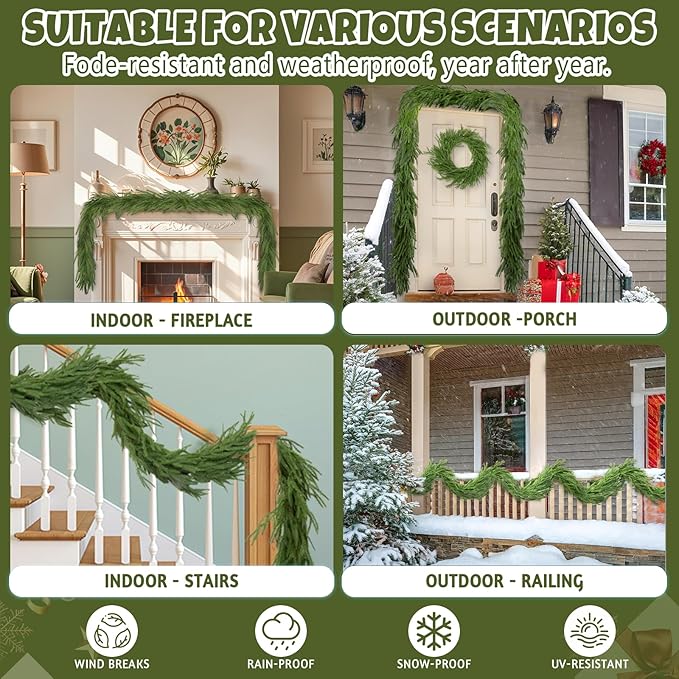 4 Pcs 9 Ft Artificial Norfolk Pine Garlands, Real Touch Norfolk Pine Garland, Realistic Natural Christmas Greenery for Table, Mantle, Wall, Indoor, Outdoor Holiday Decor (4, 9 FT)