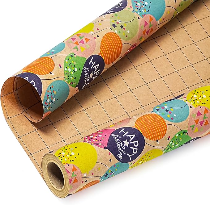 WRAPAHOLIC Jumbo Birthday Wrapping Paper Roll - 30 Inch x 33 Feet - Colorful Balloon with Confetti Design for Girls Boys Kids, Baby Shower, Party