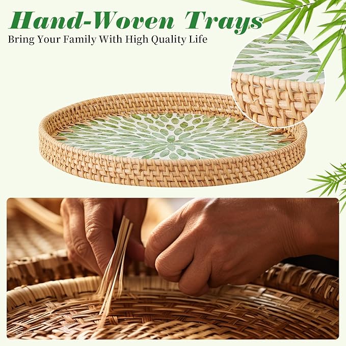 Round Rattan Serving Tray - Natural Handmade Woven Basket Trays with Mother of Pearl Inlay with Wooden Base Decorative Wicker Basket for Table Decor, Home Storage Display of Bread, Coffee, Fruit