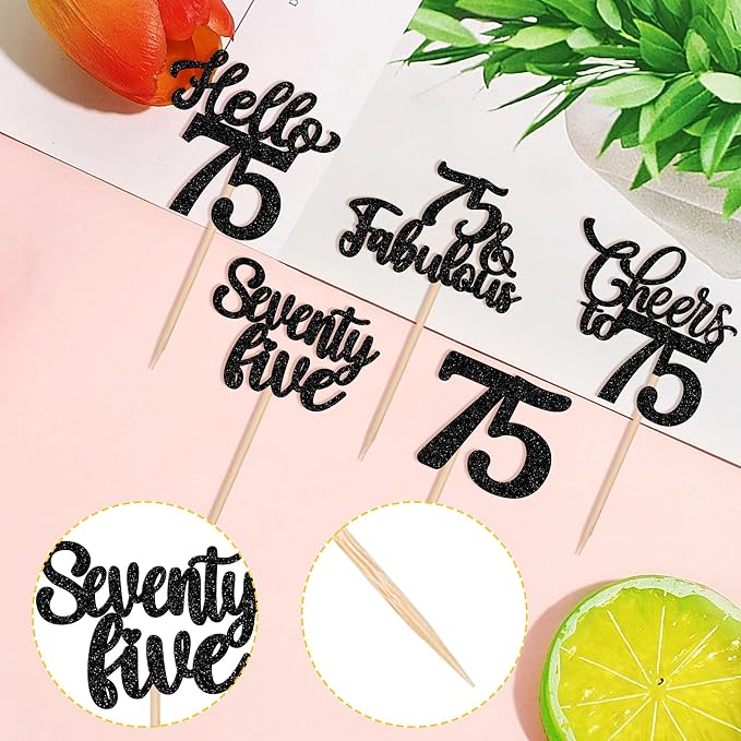 30PCS Happy 75th Birthday Cupcake Toppers Glitter Hello 75 Fabulous Seventy Five Cheers to 75 Years Old Birthday Cupcake Picks for Happy 75th Birthday Anniversary Party Cake Decor Supplies Black