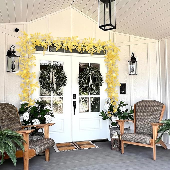 Neutral Fall Garland for Mantle Fireplace - 2 Pack 6Ft Plum Cimicifuga Seeded Leaf Garlands Yellow Autumn Décor Table Decorations for Home Indoor Door Halloween Realistic Leaves Garlands Outdoor