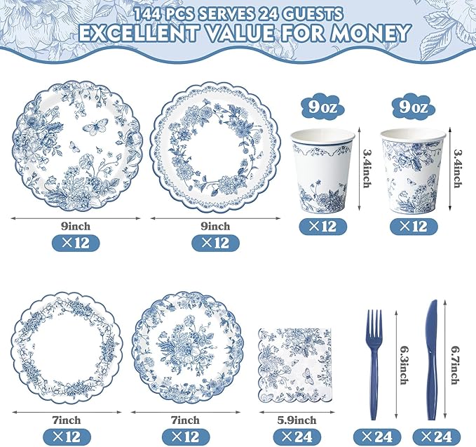 Blue Floral Plates and Napkins Tableware Sets - Serves 24, Includes Flower Paper Plates, Napkins Cups Knives Forks, Vintage Floral Plate for Wedding Bridal Tea Party Supplies