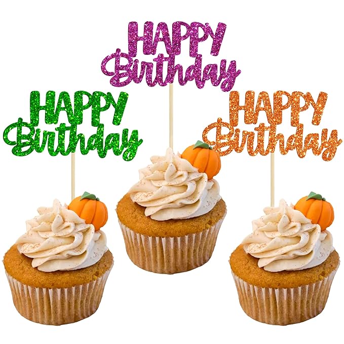 Gyufise 24Pcs Happy Birthday Cupcake Toppers Glitter Birthday Cupcake Food Picks for Celebrating Happy Halloween Theme Party Cake Decorations Supplies Orange Green Purple