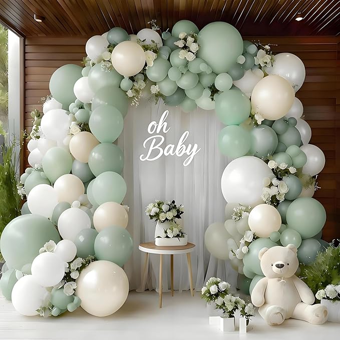 Green White Balloon Garland Double Stuffed Dusty Sage Green White Sand Pearl Balloons Pastel Neutral Balloon Arch Kit for Baby Shower Birthday Wedding Christmas Party Decorations