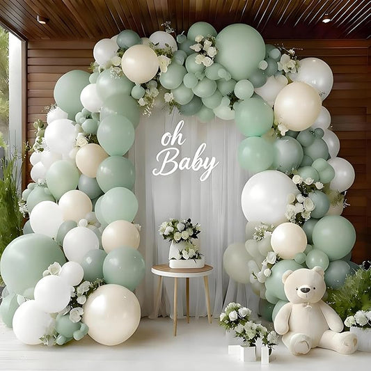 Green White Balloon Garland Double Stuffed Dusty Sage Green White Sand Pearl Balloons Pastel Neutral Balloon Arch Kit for Baby Shower Birthday Wedding Christmas Party Decorations