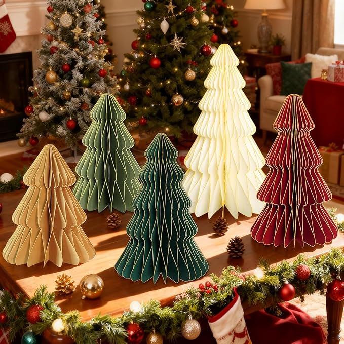 5Pcs Large Christmas Table Decorations Paper Christmas Trees, Light Up Honeycomb Xmas Tree Centerpieces for Tables for Christmas Frozen Winter Wonderland Party Vintage Home Decor, 12/14/16 Inch