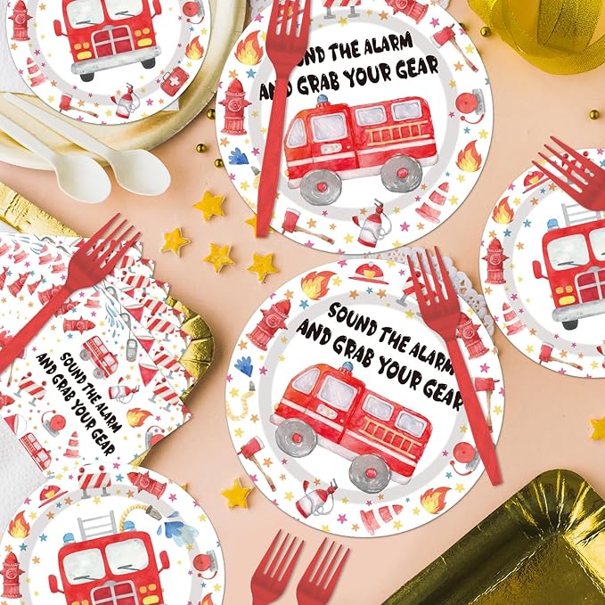 Firetruck Birthday Party Decorations - 96PCS Fire Truck Plates and Napkins Party Supplies Firefighter Birthday Decorations Fireman Themed Disposable Tableware Set Serve 24 Guests