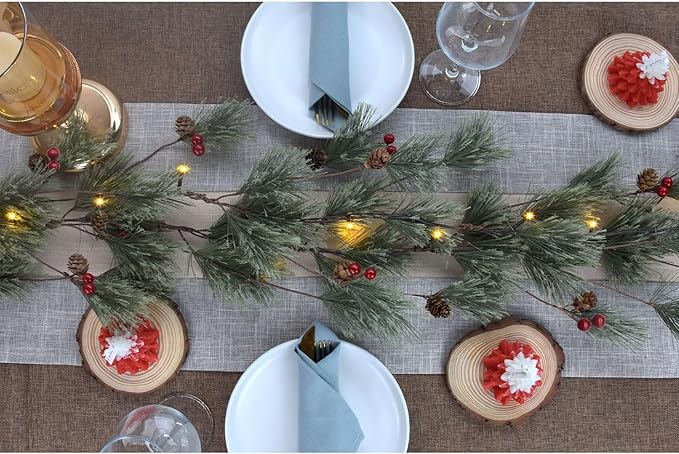 6.4 FT Artificial Cedar Garlands, Real Touch Winter Pine Garland with Red Berries, Green Greenery Garland for Table, Mantle, Wall, Indoor, Outdoor Christmas Decorations