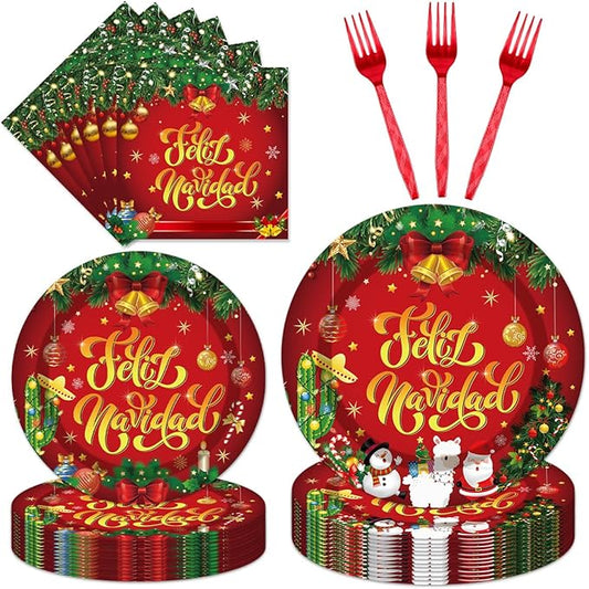96Pcs Feliz Navidad Decorations Christmas Disposable Tableware Set - Feliz Navidad Red and Green Paper Plates Napkins Forks Mexican Spanish Christmas Party Supplies Serve 24 Guests