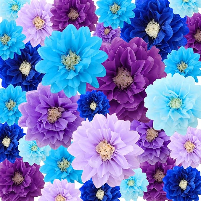 Geyee 18 Pcs Mexican Paper Flowers Colorful Fiesta Tissue Paper Flowers Pom Poms Mexican Carnival for Floral Party Backdrop Wedding Birthday Party Craft, 6" 8" 10"(Blue Purple Series)