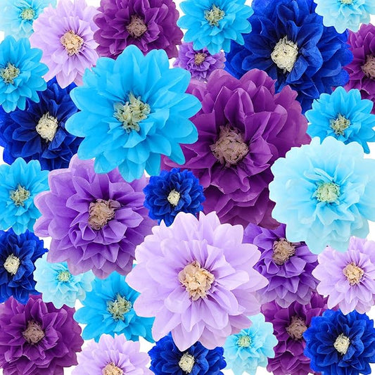 Geyee 18 Pcs Mexican Paper Flowers Colorful Fiesta Tissue Paper Flowers Pom Poms Mexican Carnival for Floral Party Backdrop Wedding Birthday Party Craft, 6" 8" 10"(Blue Purple Series)