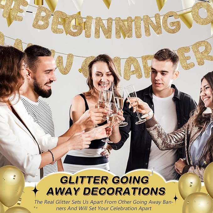 Fulmoon Pre Strung the Beginning of a New Chapter Banner, Glitter Graduation Party Decorations, Happy Retirement Supplies, Going Away Farewell New Home Job Change Party Sign Garland (Champagne Gold)