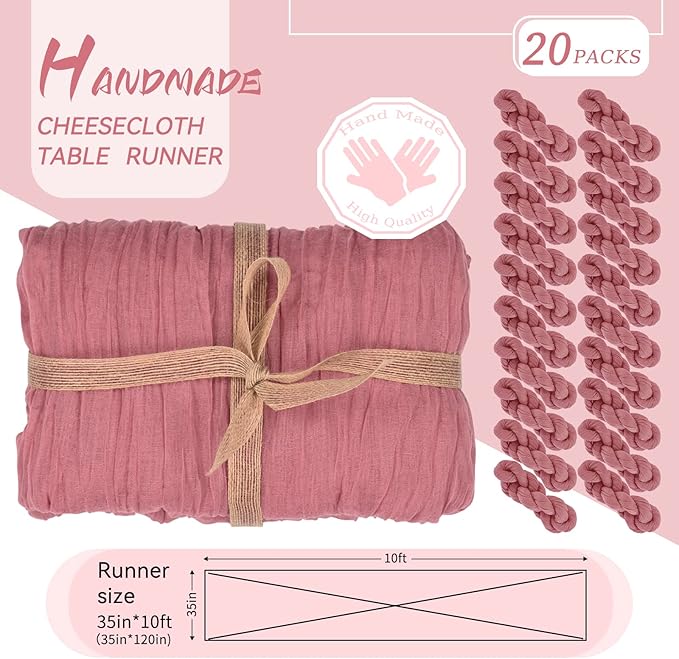 20 Packs Cheesecloth Table Runner - Dusty Rose, 10Ft x 35" Rustic Gauze Boho Wedding Table Runner Decoration for Wedding Party Bridal Shower