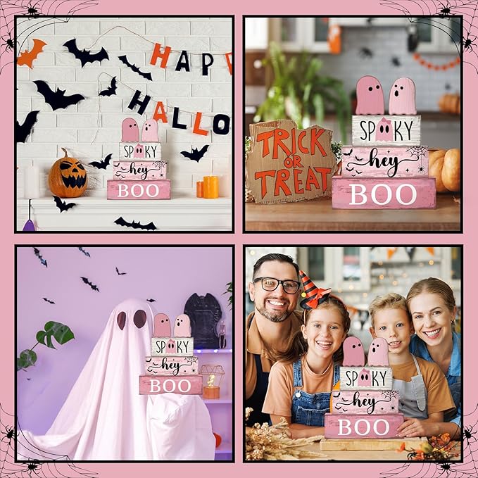 4 Pcs Pink Halloween Decor Ghost Table Decorations Halloween Tiered Tray Decor Farmhouse Ghost Tabletop Centerpiece Rustic Pink Block Sign Gift for Home Kitchen Shelf Office Mantel