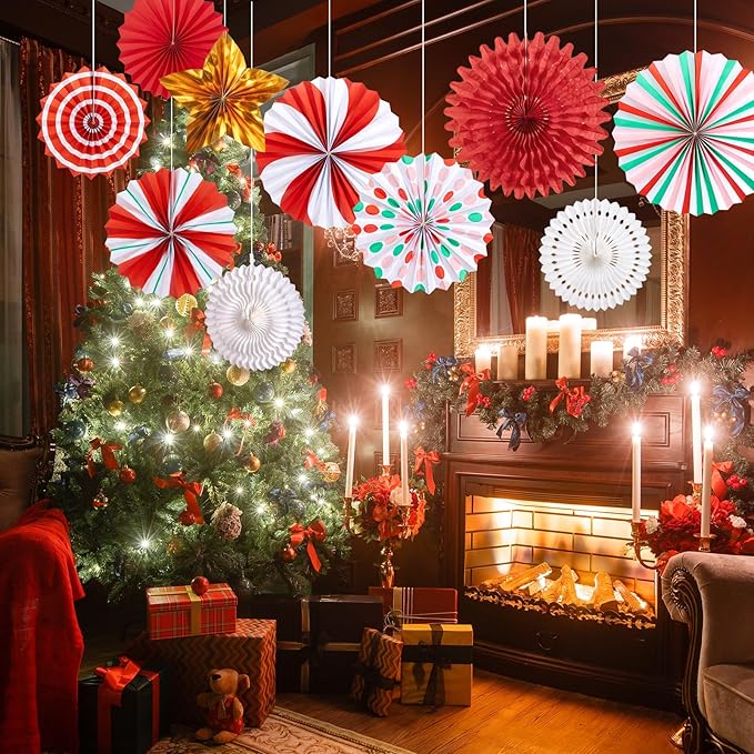OBBOLO Christmas Paper Fans, Christmas Paper Decorations, Hanging Xmas Decorations in Gold, Red, White and Peppermint Candy Theme Honeycomb Decorations