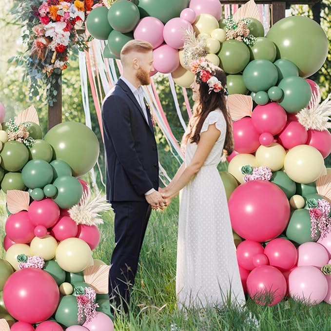 Pink Green Yellow Balloon Garland Kit, Dusty Green Hot Pink Olive Balloons Pastel Pink Yellow Balloon Arch Kit for Wedding Baby Shower Flower Theme Birthday Party Decoration