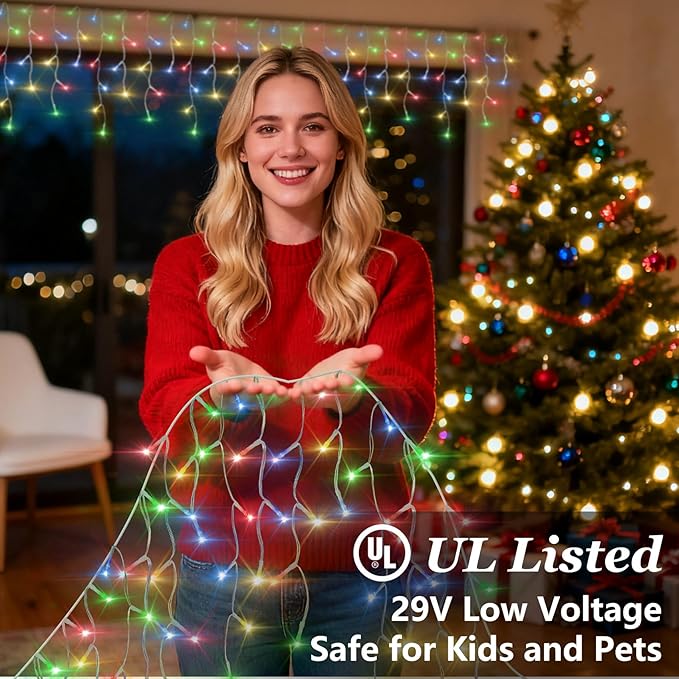 612 LED String lights Indoor Outdoor, 60ft Christmas Window Lights with 136 Drops 12 Modes, Dimmable Curtain Lights, Fairy Lights for Bedroom Holiday Wedding Party Home Xmas Decorations, Multicolor