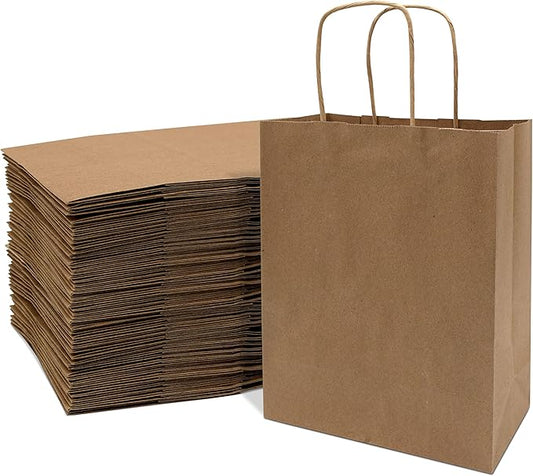Prime Line Packaging Kraft Paper Bags, Brown Gift Bags with Handles, Small Craft Shopping Bags in Bulk for Boutiques, Small Business, Retail Stores, Gifts & Merchandise, Brown, 8x4x10 Inch, 8x4x10