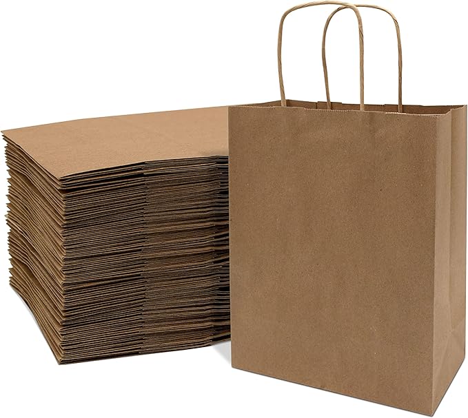 Prime Line Packaging Brown Paper Bags, Kraft Gift Bags with Handles for Small Business, Shopping, Retail Store, Boutique, Holidays, Bulk, 8x4x10, 400 Pack