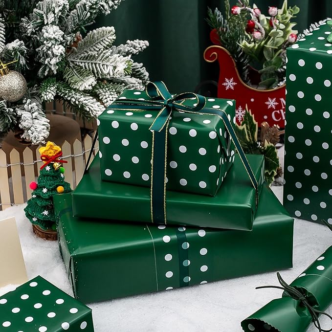 Yarcony Polka Dots Reversible Wrapping Paper Roll - 17 Inch x 33 Feet - Classic Green and White Christmas Polka Dot Holiday Winter Themed Wrapping Paper for Holiday, Birthday, Party, St. Patrick's Day
