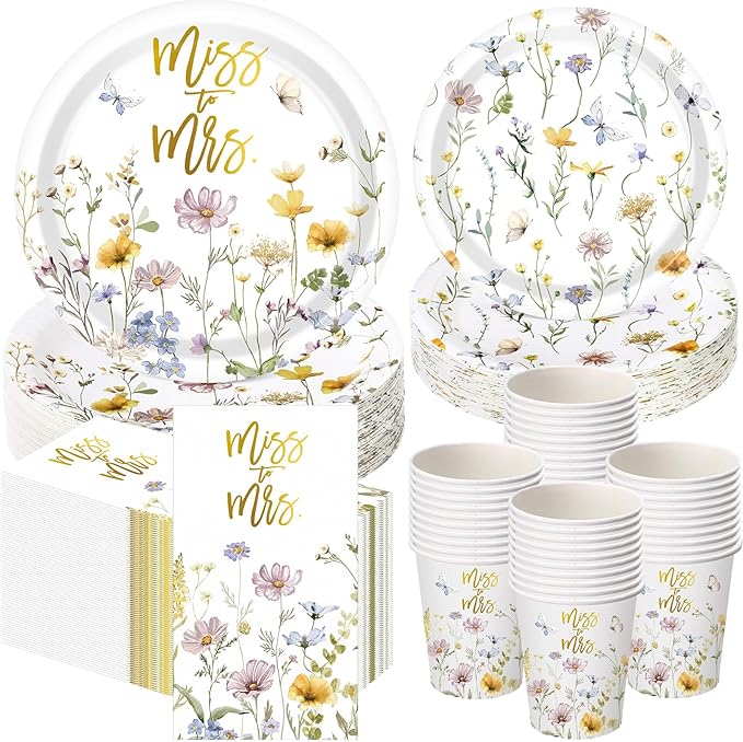 250 Pcs Miss to Mrs Wildflower Party Decorations Floral Wedding Paper Plates Napkins and Cups Disposable Tableware Set for Wedding Bridal Shower Engagement Party Supplies, Serves 50