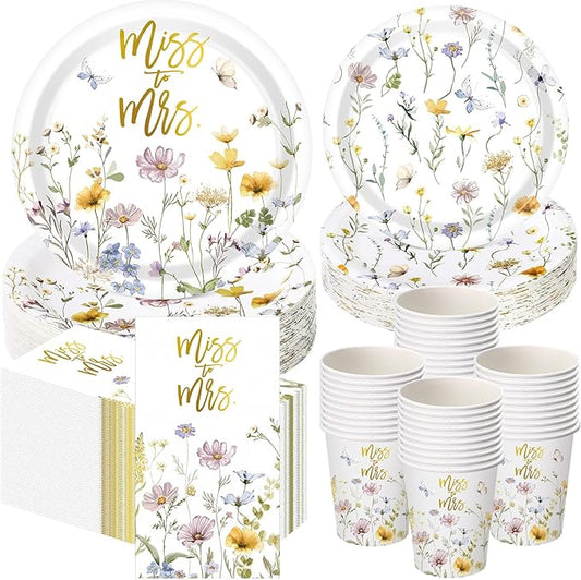 250 Pcs Miss to Mrs Wildflower Party Decorations Floral Wedding Paper Plates Napkins and Cups Disposable Tableware Set for Wedding Bridal Shower Engagement Party Supplies, Serves 50