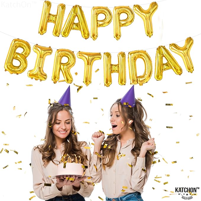 KatchOn, Gold Happy Birthday Balloon Banner -16 Inch | Gold Birthday Balloons | Golden Birthday Decorations | Happy Bday Foil Balloons | Happy Birthday Balloon letters for Men, Women, Girl and Boys
