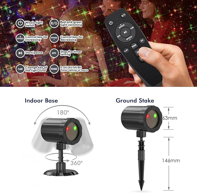 Christmas Projector Lights Outdoor, GUSODOR Red & Green Starlight 3 Modes with Remote and Timer Projection Lights, IP65 Waterproof Projector for Christmas Decorations Yard Holiday Party New Year