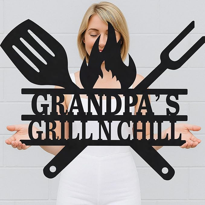 Custom BBQ Grill Name Sign – Personalized Outdoor Kitchen Metal Decor, Backyard Barbecue Wall Art, Vintage Patio Decoration, Housewarming Gift for Dad, Grandpa, Papa, Husband, Father's Day