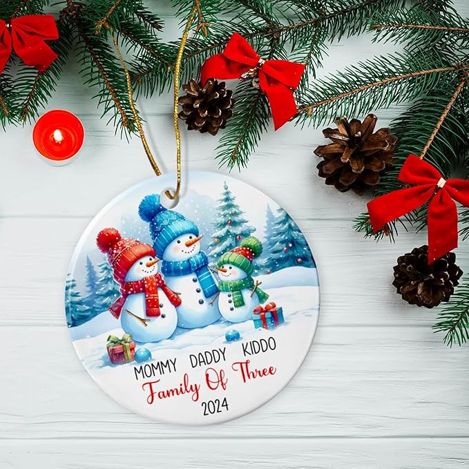 Personalized Snowman Family of Three Christmas Tree Ornament 2025, Dad Mom Baby Snowman Ceramic Ornament, 1st Xmas As a Family of 3 Ornament Gift, Custom Names Snowman Family Ornament Christmas