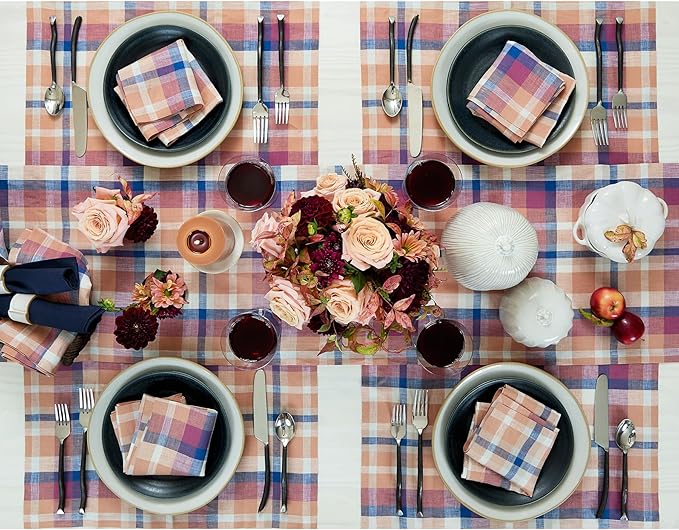 Solino Home Linen Plaid Table Runner 48 Inches - 100% Pure Linen Multicolor Fall Table Runner 14 x 48 Inch Ideal for Dresser and Coffee Tables - Thanksgiving, Autumn, Holiday, Fall Flavors Madras