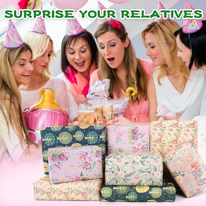Wrapping Paper with Pastel Purple Pink Green Floral Making,Gift Wrapping Paper Set for Women Girl Baby,Birthday Wrap Birthday Paper with Tags Ribbon,Baby Shower wrap