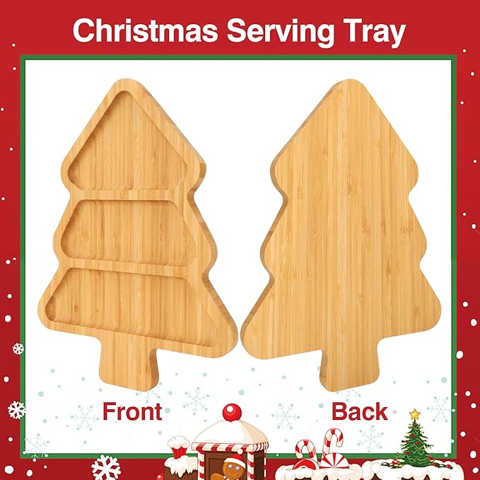 Christmas Serving Tray, Christmas Tree Charcuterie Board, Bamboo Divided Serving Platter Dish for Holiday Party Food Tray for Cheese Snack Fruit 12 x 8.7 x 0.6 Inches