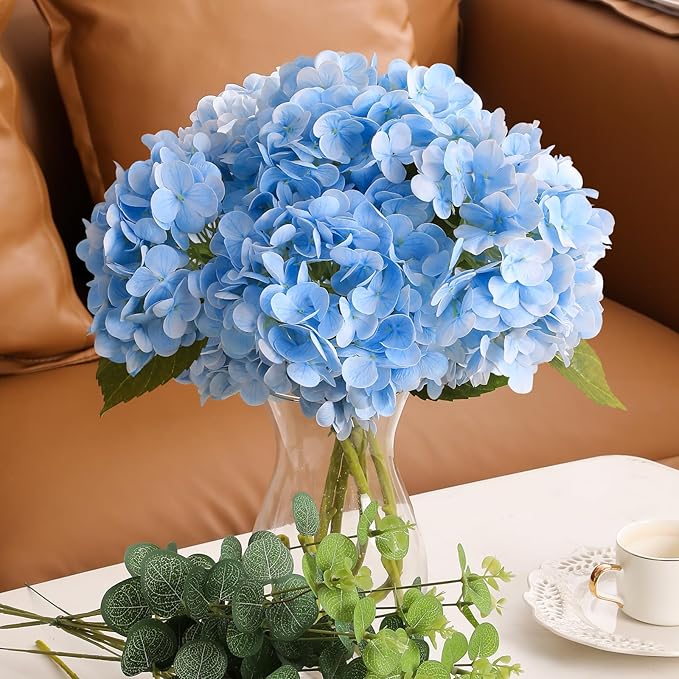 Tifuly 4pcs Fake Hydrangea with Vase - Real Touch Faux Hydrangea Flowers and 3pcs Eucalyptus Stems for Wedding Centerpiece Home Party Table Decoration（Blue）
