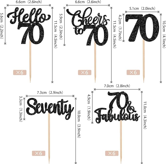 30PCS Happy 70th Birthday Cupcake Toppers Glitter Hello 70 Fabulous Seventy Cheers to 70 Years Old Birthday Cupcake Picks for Happy 70th Birthday Anniversary Party Cake Decorations Supplies Black