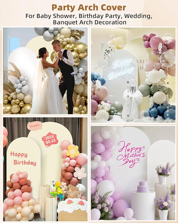 Hemmotop Double Color Wedding Arch Backdrop Cover, Set of 2 (7.2ft, 6ft), 2 Sided Stretchy Spandex Fitted Balloon Arch Stand Backdrop for Birthday Party, Baby Shower, White and Light Beige