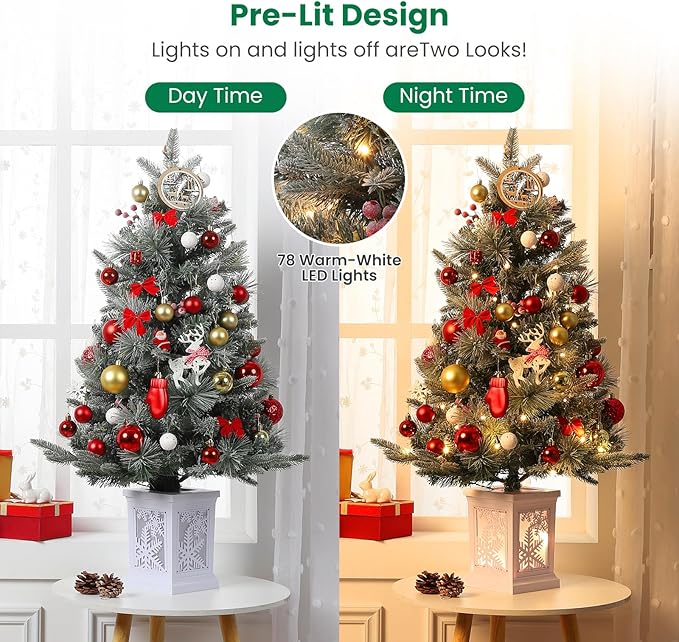 3 ft Prelit Christmas Tree with 78 Warm Lights & Red Berry, Artificial Xmas Trees with Snowflake Light Box Base, for Home, Office, Fireside Christmas Decoration, Set of 2