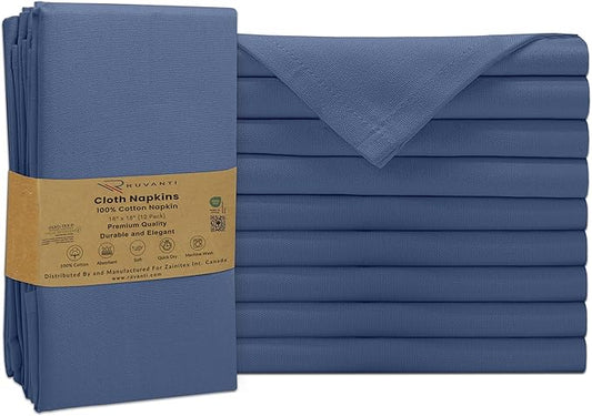 Ruvanti Premium Cloth Napkins Set of 12, 18x18 Inches, 100% Cotton, Washable, Soft & Absorbent, Perfect for Wedding, Christmas, ‎Thanksgiving Dinners - Bijou Blue