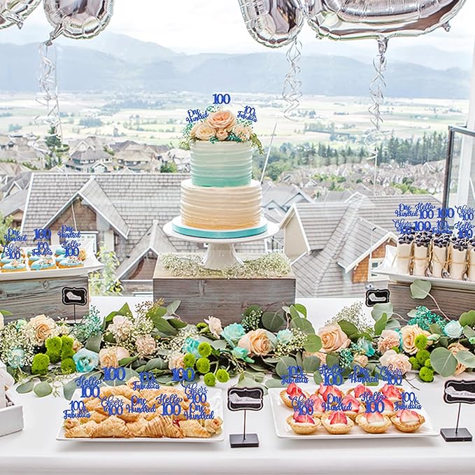 30PCS Happy 100th Birthday Cupcake Toppers One Hundred Cheers to 100 Years Birthday Cupcake Picks Hello 100 Fabulous Cake Decorations for Happy 100th Birthday Anniversary Party Supplies Blue